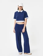 Polo Yaka Tişört Crop Kısa Kollu Çift Kumaş Kullanımlı Kısa Kollu