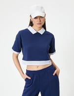 Polo Yaka Tişört Crop Kısa Kollu Çift Kumaş Kullanımlı Kısa Kollu