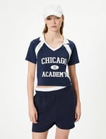 Polo Yaka Tişört Crop Renk Kontrastlı Baskılı Slim Fit Pamuklu