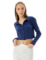 Polo Yaka Tişört Crop Uzun Kollu Düğmeli Slim Fit