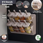 Porsima 1123 8'Li Standlı Kaydırmalı Kaşıklı 360° Döner Kapaklı Etiketli Baharatlık Seti - Erzak Saklama Kabı Cappuccino