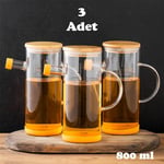 Porsima 401275 3'lü Alisa Bambu Kapaklı Borosilikat Ölçekli Cam Yağlık Silikon Tabanlı Yağdanlık 800 ML