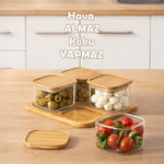 Porsima HF009009 Kare 4lü Hava Geçirmez Bambu Standlı Cam Kahvaltılık Seti Bambu Kapaklı Saklama Kabı 250ml