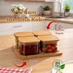 Porsima HF009009 Kare 4lü Hava Geçirmez Bambu Standlı Cam Kahvaltılık Seti Bambu Kapaklı Saklama Kabı 250ml
