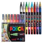 Posca uni-ball 186516 - Marker kalem, ince yuvarlak uçlu, 16'lı set, temel renkler