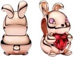 POSEİDONS JEWELLERY Rose Gümüş Kırmızı Kalp Taşlı Tavşan Charm Pembe Tek Ebat