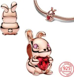 POSEİDONS JEWELLERY Rose Gümüş Kırmızı Kalp Taşlı Tavşan Charm Pembe Tek Ebat