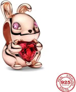 POSEİDONS JEWELLERY Rose Gümüş Kırmızı Kalp Taşlı Tavşan Charm Pembe Tek Ebat
