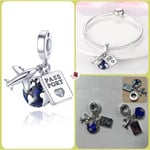 POSEİDONS JEWELLERY Üçlü Sallantılı Uçak,Dünya ve Kalp Temalı Pasaport Charm Mavi Tek Ebat