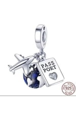 POSEİDONS JEWELLERY Üçlü Sallantılı Uçak,Dünya ve Kalp Temalı Pasaport Charm Mavi Tek Ebat
