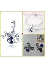 POSEİDONS JEWELLERY Üçlü Sallantılı Uçak,Dünya ve Kalp Temalı Pasaport Charm Mavi Tek Ebat