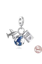 POSEİDONS JEWELLERY Üçlü Sallantılı Uçak,Dünya ve Kalp Temalı Pasaport Charm Mavi Tek Ebat