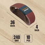 POWERTEC 110150 10 x 91 cm Zımpara Kayışları | 240 Kum Alüminyum Oksit Zımpara Kayışı | Premium Zımpara Kağıdı - 10'lu Paket