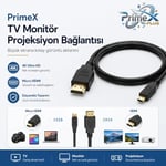 PrimeX PX-1121 Micro HDMI to HDMI Kablo, 1.5 Metre 1080P Full HD Hdmi Görüntü ve Ses Aktarım Kablosu, Micro Hdmi Type-D Kamera Tablet Mini Laptop Raspberry P - Seçenekler: 1.5 Metre, 5 Metre, 10 Metre