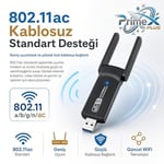 PrimeX PX-AC1200 USB 3.0 WiFi Adaptör, Realtek RTL8812BU, AC1200/AC1300 Dual Band 2.4G-5G, 802.11ac Kablosuz Ağ Alıcı, PC Laptop Masaüstü için Wireless USB Dongle