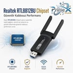 PrimeX PX-AC1200 USB 3.0 WiFi Adaptör, Realtek RTL8812BU, AC1200/AC1300 Dual Band 2.4G-5G, 802.11ac Kablosuz Ağ Alıcı, PC Laptop Masaüstü için Wireless USB Dongle