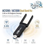 PrimeX PX-AC1200 USB 3.0 WiFi Adaptör, Realtek RTL8812BU, AC1200/AC1300 Dual Band 2.4G-5G, 802.11ac Kablosuz Ağ Alıcı, PC Laptop Masaüstü için Wireless USB Dongle