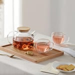 Promosyonca Borosilikat Cam Demlik, Bambu Kapaklı, Süzgeçli, 1000 ml, Isıya Dayanıklı, Çay Kahve Bitki Çayı için, Cam Çaydanlık (Düz)