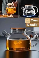 Promosyonca Borosilikat Cam Demlik, Bambu Kapaklı, Süzgeçli, 1000 ml, Isıya Dayanıklı, Çay Kahve Bitki Çayı için, Cam Çaydanlık (Düz)