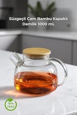 Promosyonca Borosilikat Cam Demlik, Bambu Kapaklı, Süzgeçli, 1000 ml, Isıya Dayanıklı, Çay Kahve Bitki Çayı için, Cam Çaydanlık (Düz)