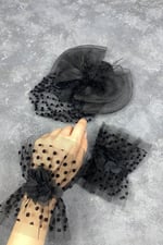 Puantiyeli Siyah Nikah Kepi Ve Hera Çift Bilek Gelin Aksesuarı