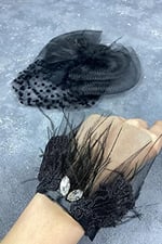 Puantiyeli Siyah Nikah Kepi Ve Savin Taşlı Tüylü Bilek Gelin Aksesuarı