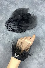 Puantiyeli Siyah Nikah Kepi Ve Savin Taşlı Tüylü Bilek Gelin Aksesuarı