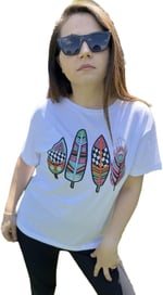 Pul İşlemeli Pamuk Tişört Tüy Desenli T-shirt Beyaz Bisiklet Yaka (Desen4 Beyaz/L)