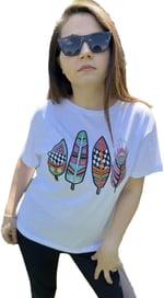 Pul İşlemeli Pamuk Tişört Tüy Desenli T-shirt Beyaz Bisiklet Yaka (Desen4 Beyaz/L)