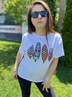 Pul İşlemeli Pamuk Tişört Tüy Desenli T-shirt Beyaz Bisiklet Yaka (Desen4 Beyaz/L)
