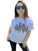 Pul İşlemeli Pamuk Tişört Tüy Desenli T-shirt Beyaz Bisiklet Yaka (Desen4 Beyaz/L)