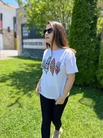 Pul İşlemeli Pamuk Tişört Tüy Desenli T-shirt Beyaz Bisiklet Yaka (Desen4 Beyaz/L)