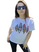 Pul İşlemeli Pamuk Tişört Tüy Desenli T-shirt Beyaz Bisiklet Yaka (Desen4 Beyaz/L)