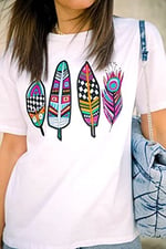 Pul İşlemeli Pamuk Tişört Tüy Desenli T-shirt Beyaz Bisiklet Yaka (Desen4 Beyaz/L)