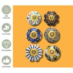 RAJRANG BRINGING RAJASTHAN TO YOU Çok Renkli Seramik Kapı Topuzu Pirinç Mavi Çömlek Çiçek Mutfak Dolap Kapı Dresser Çekin Knob Ile Hint El Yapımı Dolap Topuzları Dolap - 6 Adet Set