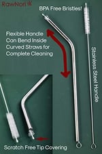 RawNori 2 İçme Saman Temizleme Fırçası UZUN - Paslanmaz Çelik İçecek Pipetleri için Kıl Temizleyici Cam Yıkama İçin Ağır Hizmet Fırçaları Silikon Metal Pipetler Çaydanlık Bacalı Mini Mikro Şişe