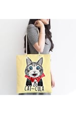 RealHomes Cat-cula Dijital Baskılı Modern Fermuarlı Plaj Çantası, Canta-5719