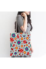 RealHomes Çocuk Çantası - Gri Zeminde Uğurböceği Dijital Baskılı Modern Kumaş Çanta, Canta-4838