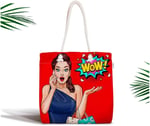 RealHomes Kırmızı Zeminli Popart Wow Desenli Modern Fermuarlı Kumaş Çanta Canta-3281, CANTA-3281