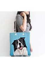 RealHomes Mavi Zeminde Sevimli Köpek Baskılı Modern Fermuarlı Plaj Çantası, Canta-5695