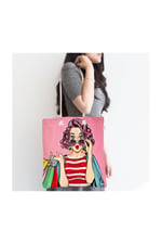 RealHomes Pembe Zeminli Popart Desenli Fermuarlı Modern Kumaş Çanta Canta-3289, CANTA-3289