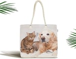 RealHomes Sevimli Kedi Ve Köpek Baskılı Modern Fermuarlı Plaj Çantası, Canta-5726