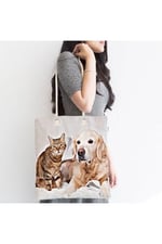 RealHomes Sevimli Kedi Ve Köpek Baskılı Modern Fermuarlı Plaj Çantası, Canta-5726
