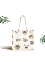 RealHomes Unisex Bej Kedi Desenli Fermuarlı Plaj Çantası, Canta-5651