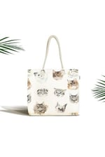RealHomes Unisex Bej Kedi Desenli Fermuarlı Plaj Çantası, Canta-5651