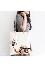 RealHomes Unisex Ekru Selfie Çekinen Köpekli Kedi Modern Fermuarlı Plaj Çantası, Canta-5634