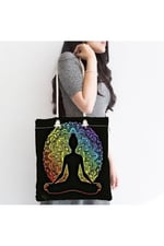 RealHomes Unisex Siyah Zeminde Gökkuşağı Motifli Uzak Doğu Yoga Desenli Fermuarlı Plaj Çantası, Canta-5046