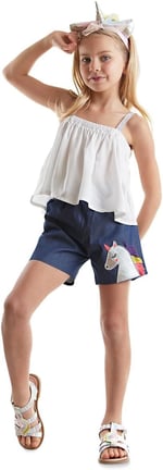 Renkli Püsküllü Unicorn Kız Bluz Denim Şort Takım