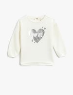 Ribbanalı Sweatshirt Parlak Kalp Baskılı Bisiklet Yaka