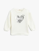 Ribbanalı Sweatshirt Parlak Kalp Baskılı Bisiklet Yaka